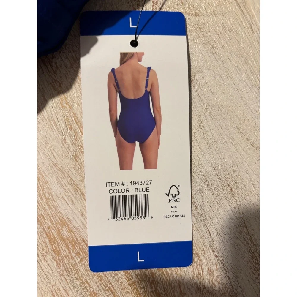 DKNY Large Womens Blue Ruched Ruffle V-Neck One Piece Swimsuit 1943727 NWT - Picture 4 of 7